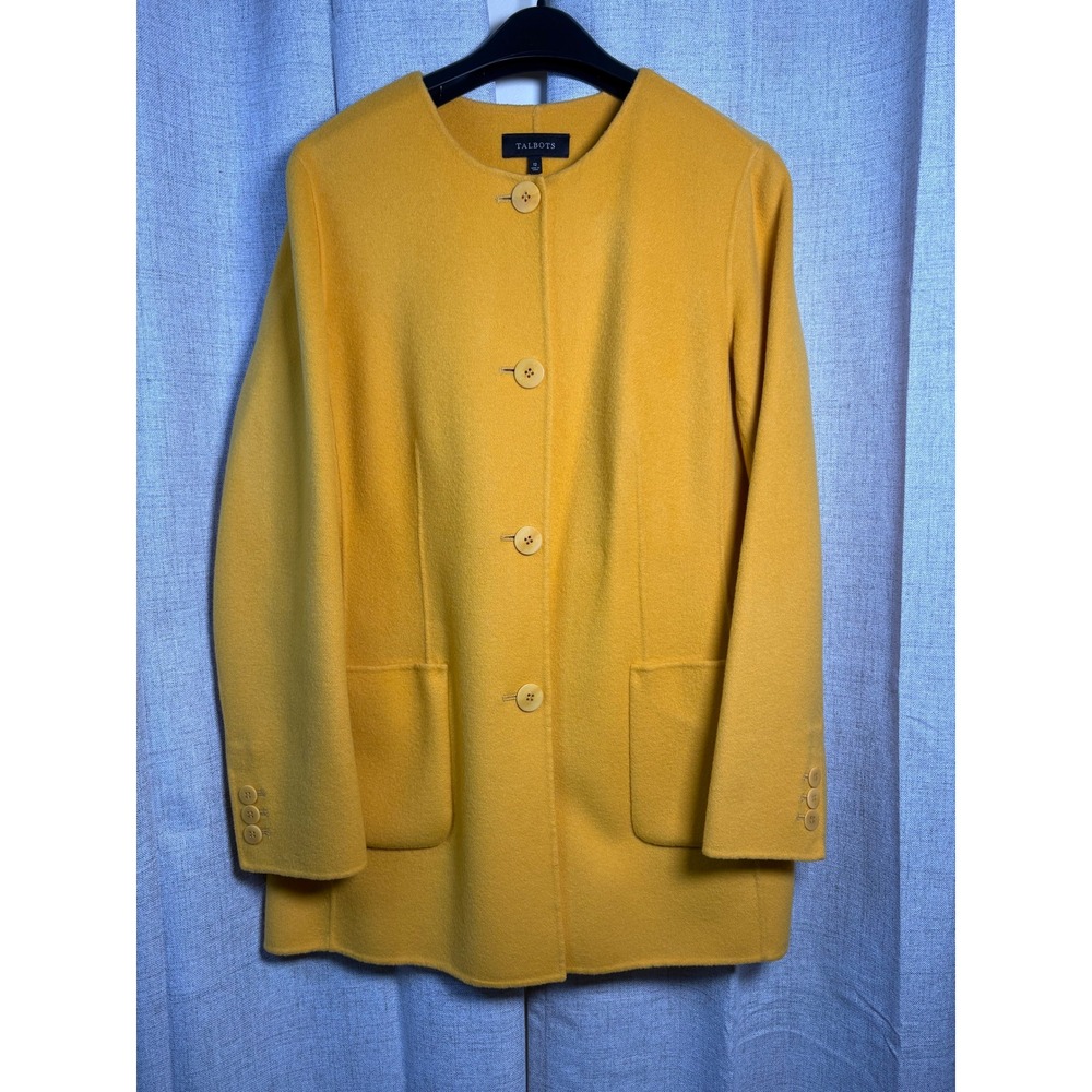 Talbots Womens Mustard Yellow Wool Blend Collarless Button Front Coat Size 12